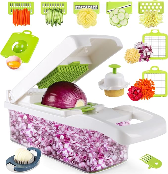 Vegetable Chopper, Pro Onion Chopper, Multifunctional 13 in 1 Food Chopper, Kitchen Vegetable Slicer Dicer Cutter,Veggie Chopper with 8 Blades,Carrot and Garlic Chopper with Container…