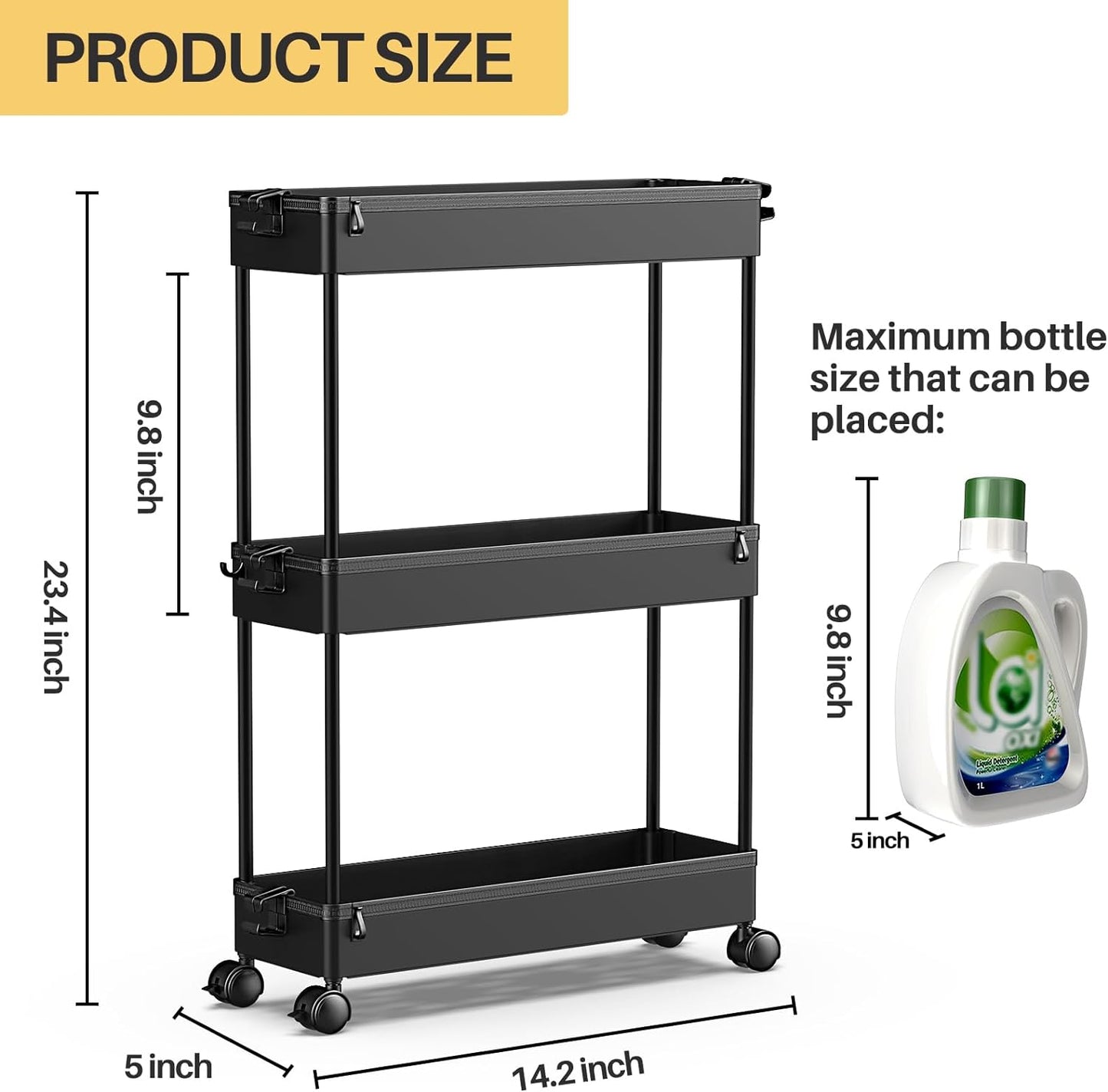 Slim Rolling Storage Cart, Laundry Room Organization, 3 Tier Mobile Utility Shelving Unit Bathroom Organizer Storage for Kitchen, Narrow Places(Black)